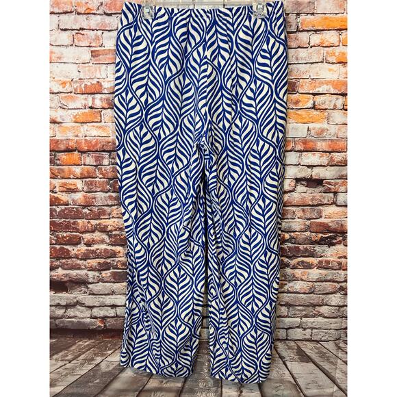 H&M blue white pants wide leg leaf pull on women's size medium - Picture 2 of 5